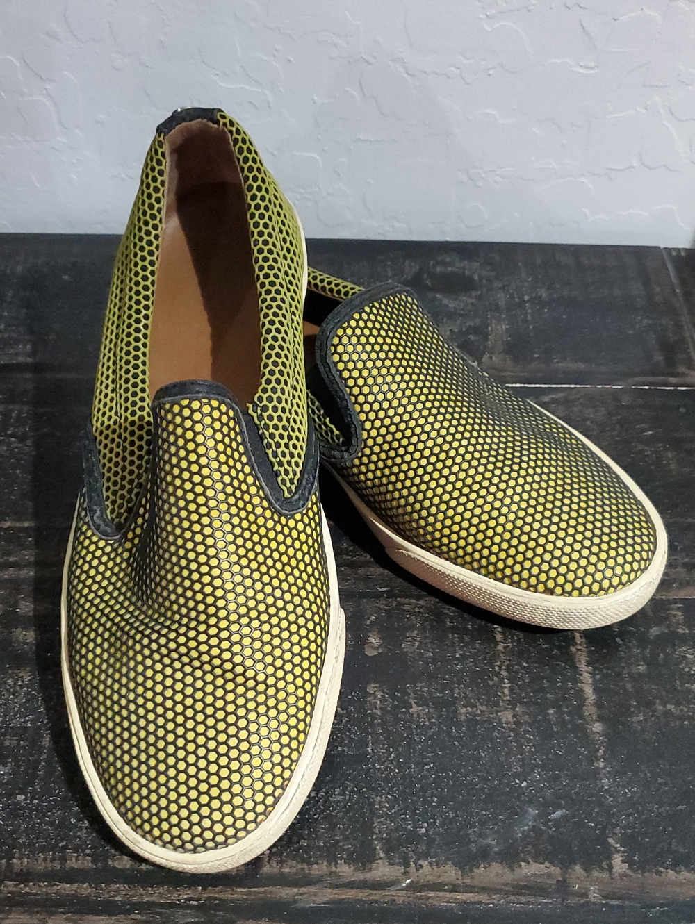 Jimmy Choo Yellow and Black Slip-On Loafers Vintage Retro Honeycomb Throwback